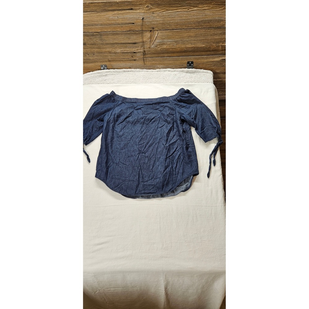 Faded Glory Womens Denim Off The Shoulder Top Blue Tie Sleeve Cotton Large 12-14